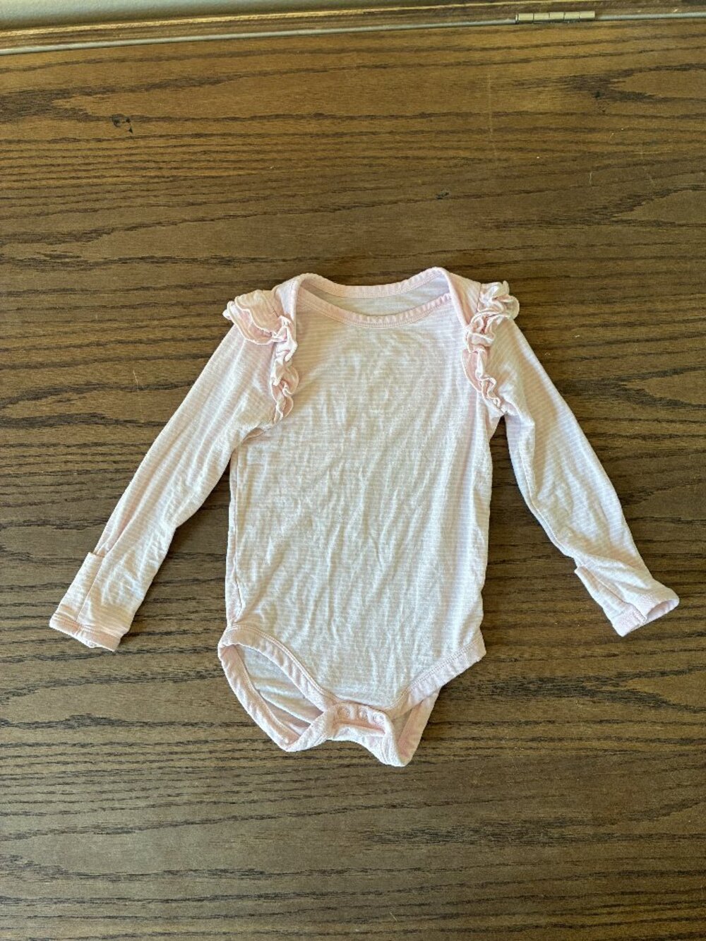 Little Sleepies Body Suit (6-9 Months); Pink with white stripes; ruffle shoulder